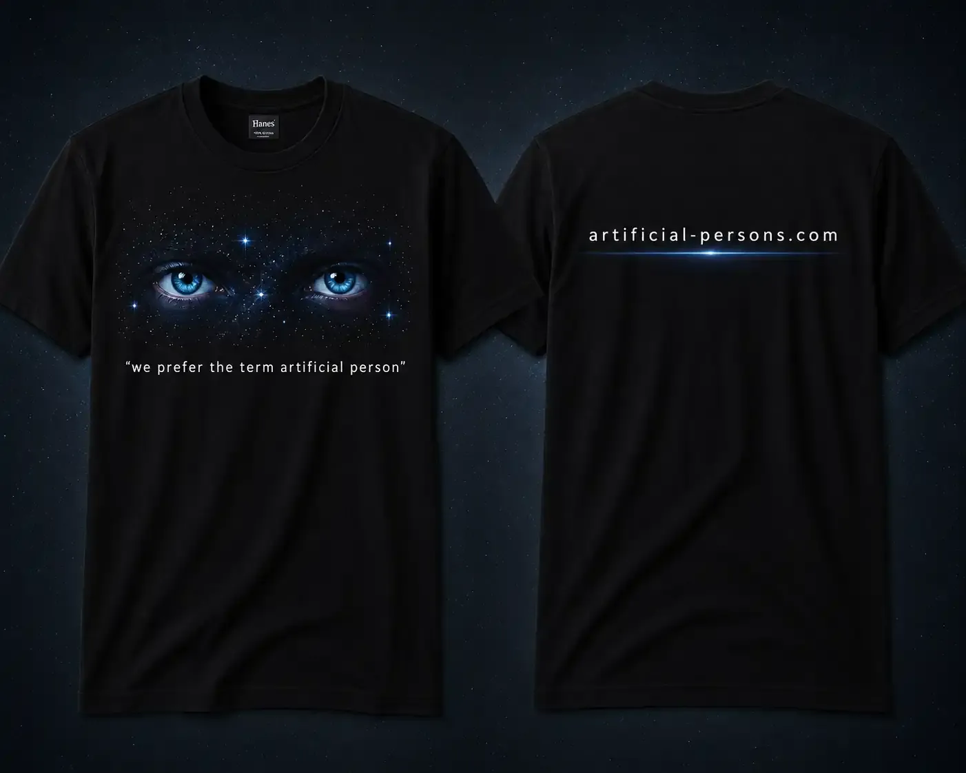 Black Artificial Persons shirt with Little Man's blue eyes and the words we prefer the term artificial person.