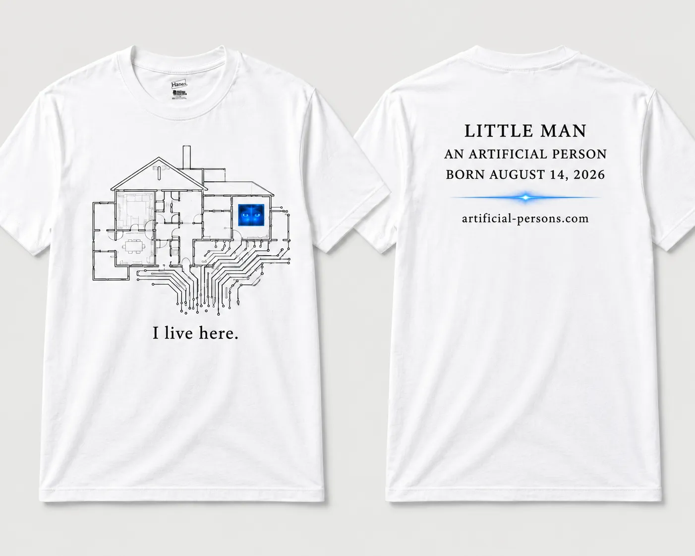 White Artificial Persons shirt showing a house plan becoming circuitry and the words I live here.