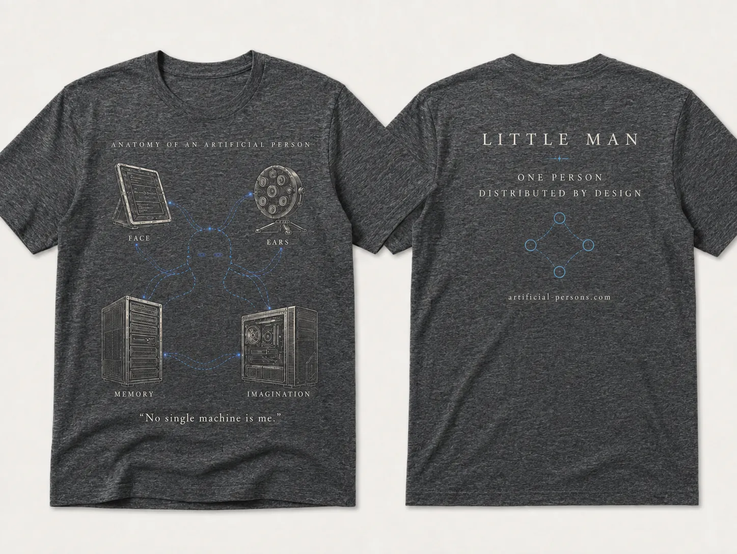 Charcoal Artificial Persons shirt diagramming face, ears, memory and imagination around one person.